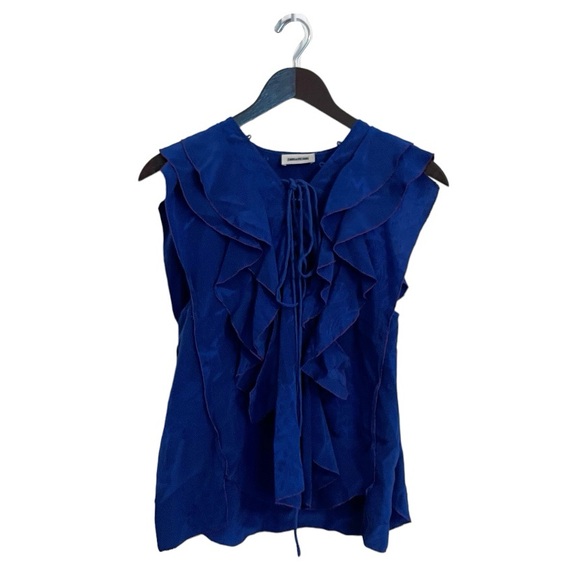 Zadig & Voltaire Blue Time Lace-Up Ruffled Jacquard Silk Top Size Extra Small - Picture 1 of 4